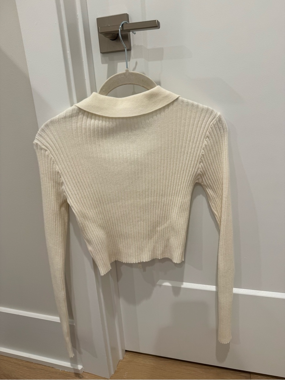 Cream Ribbed Zip-Front Collared Sweater - Picture 2 of 5